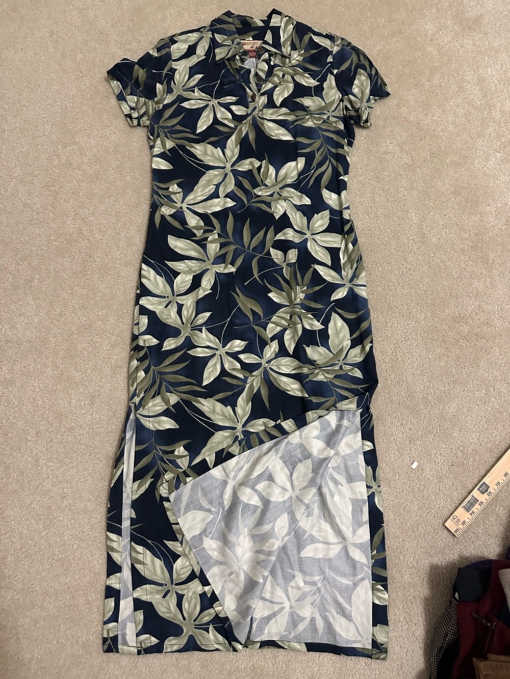 Caribbean Joe Navy Maxi Dress with Olive Leaf Print